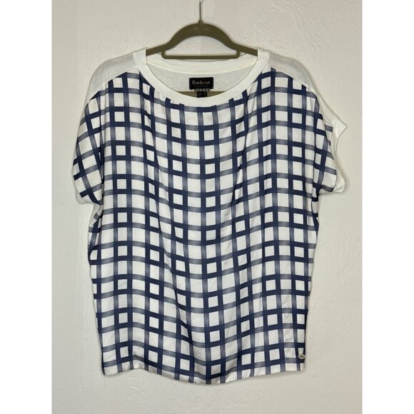 Barbour Women's Summer Tartan Windowpane Front Drop Shoulder Blouse White Blue 6 - Picture 1 of 7